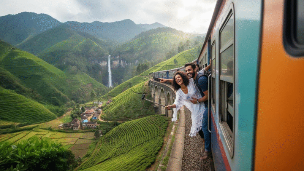 Couple enjoying a scenic train ride through green hills on their Sri Lanka Honeymoon Tour