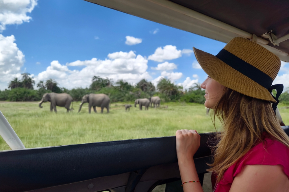 Honeymoon couple silhouette watching African sunset on luxury safari